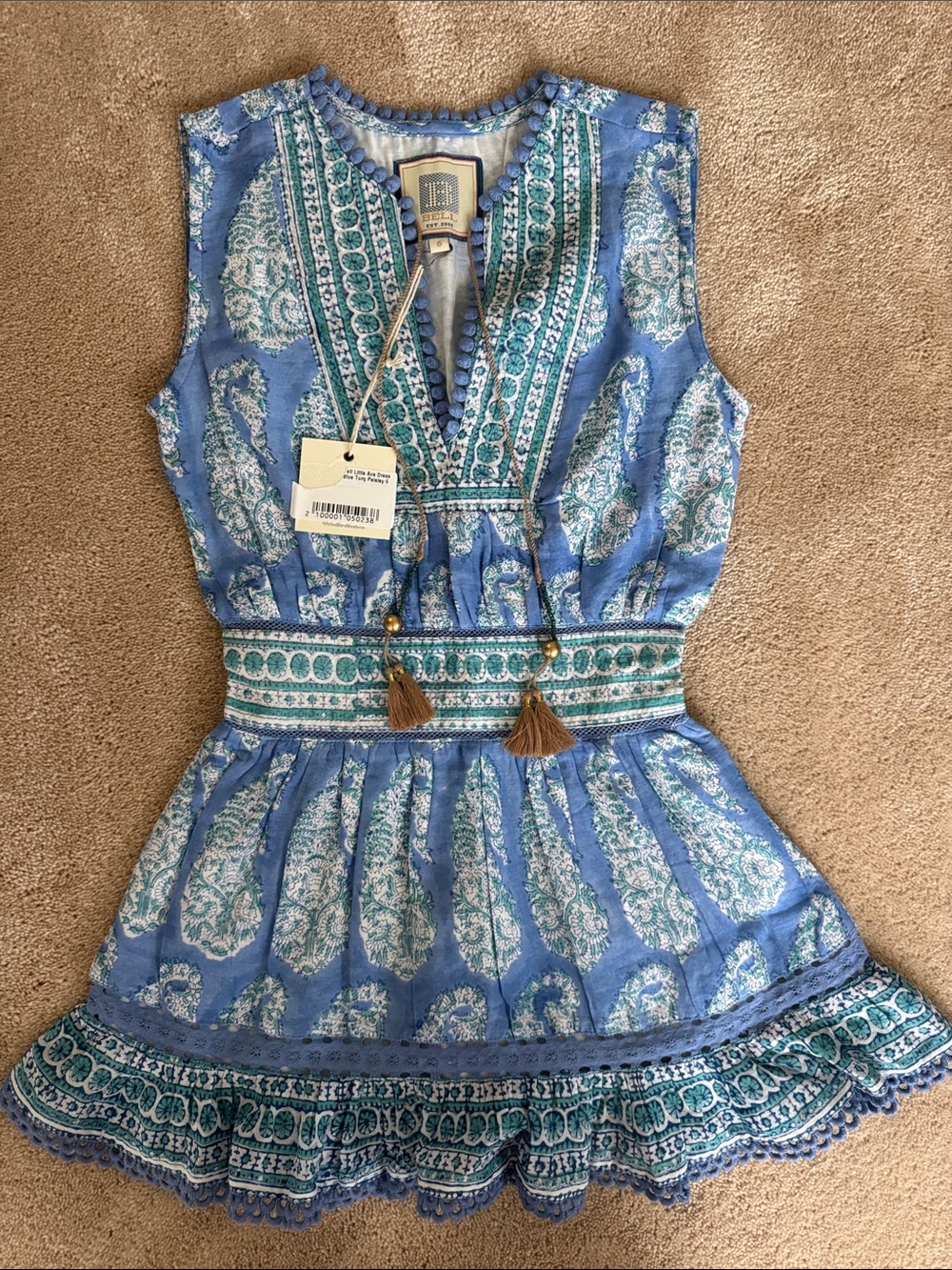 HUNTER BELL Blue and Teal Paisley Sleeveless Dress with Tassels